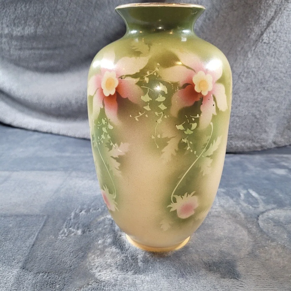 Mona England Vintage Hand Painted Floral Ceramic Vase Green Pink Gold Rim 9.5